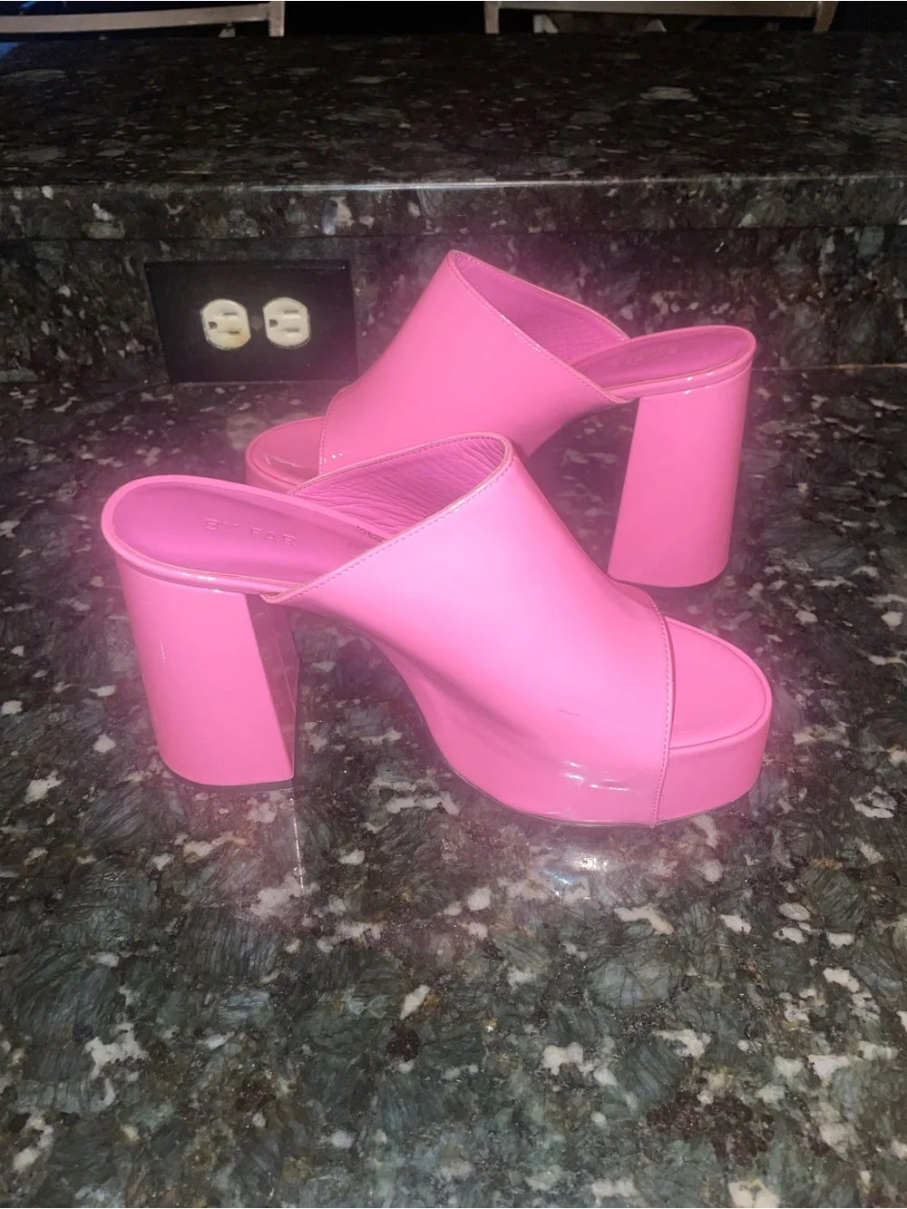 New! BY FAR Pink Brad Patent Platform 120mm Mule Sandals Barbie Pink💖 38 or US 8